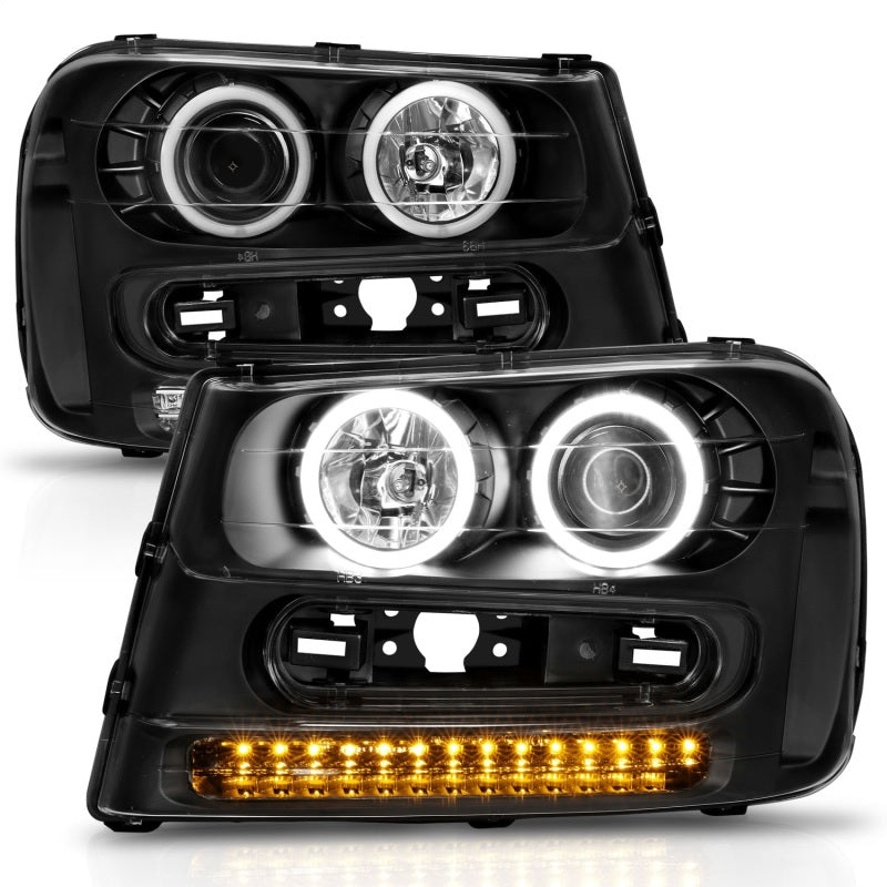 ANZO 2002-2009 Chevrolet Trailblazer Projector Headlights w/ Halo Black - Striker Modified
