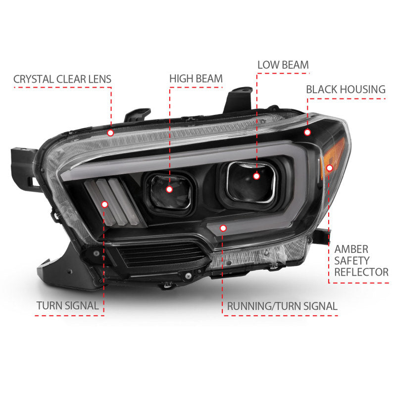 ANZO 2016-2017 Toyota Tacoma Projector Headlights w/ Plank Style Switchback Black w/ Amber w/ DRL - Striker Modified