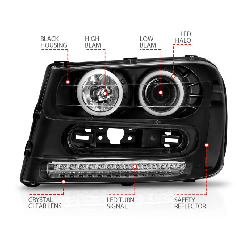 ANZO 2002-2009 Chevrolet Trailblazer Projector Headlights w/ Halo Black - Striker Modified
