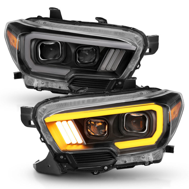 ANZO 2016-2017 Toyota Tacoma Projector Headlights w/ Plank Style Switchback Black w/ Amber w/ DRL - Striker Modified