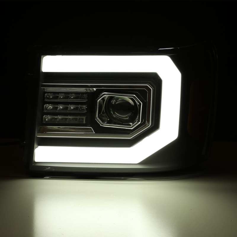 AlphaRex 07-13 GMC 1500HD PRO-Series Proj Headlights Plank Style Matte Blk w/Activ Light/Seq Signal - Striker Modified