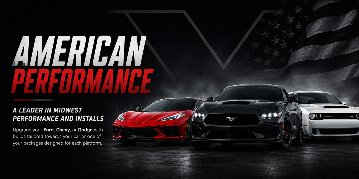 Vertex American Performance artwork featuring a Corvette, Mustang, and Challenger