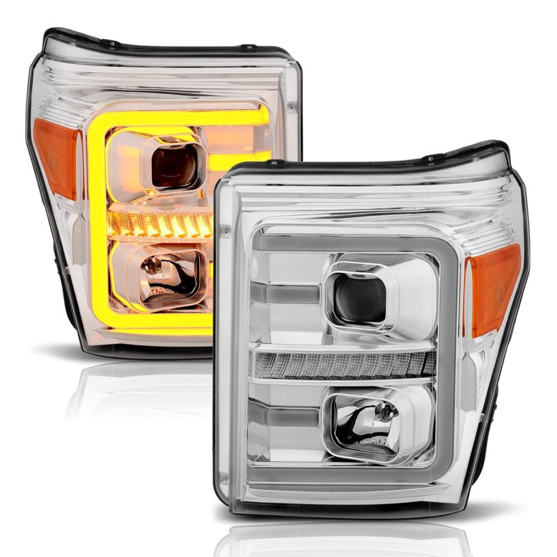 ANZO 11-16 Ford F-250/F-350/F-450 Projector Headlights w/ Plank Style Switchback Chrome w/Amber - Striker Modified