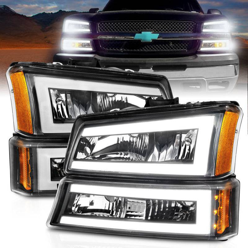 ANZO 2003-2006 Chevrolet Silverado 1500 Crystal Headlights w/ Light Bar Black Housing - Striker Modified