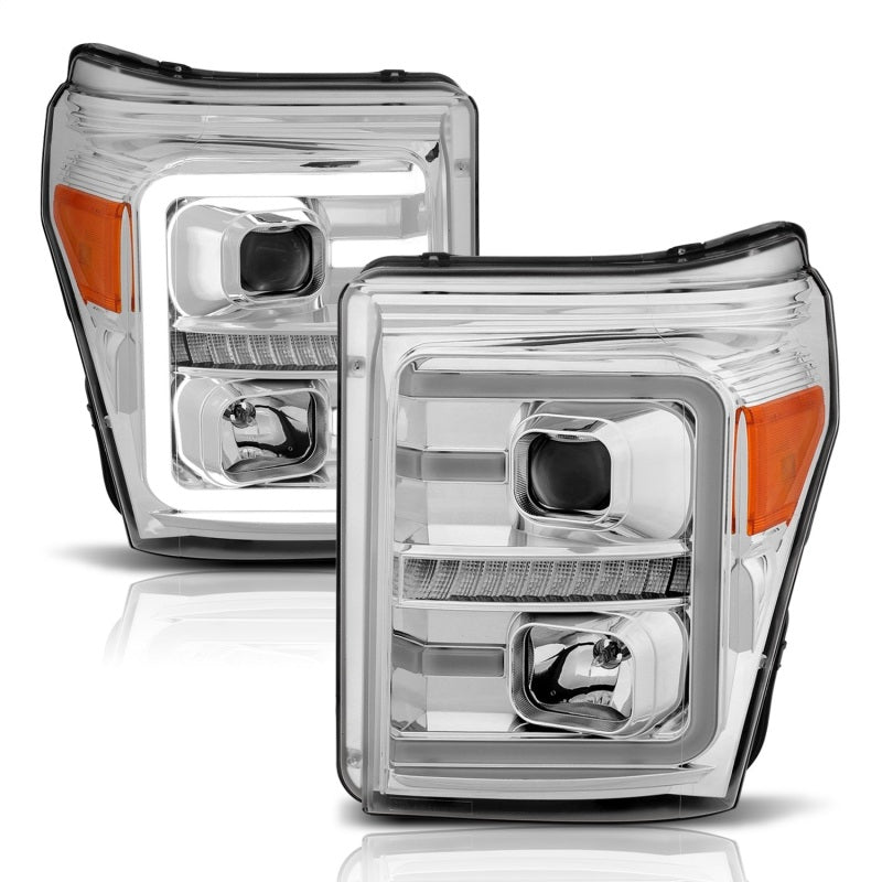 ANZO 11-16 Ford F-250/F-350/F-450 Projector Headlights w/ Plank Style Switchback Chrome w/Amber - Striker Modified