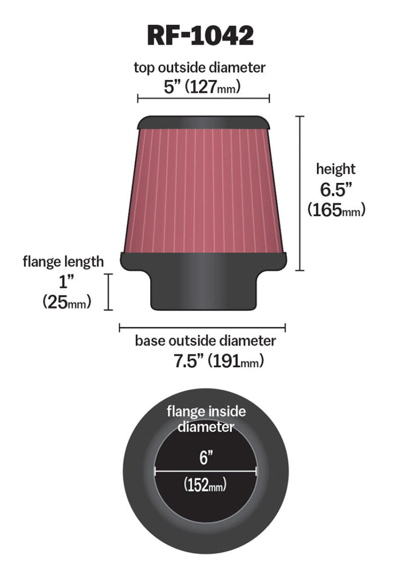 K&N Round Tapered Universal Air Filter 6in Flange ID x 7.5in Base OD x 5in Top OD x 6.5in Height - Striker Modified