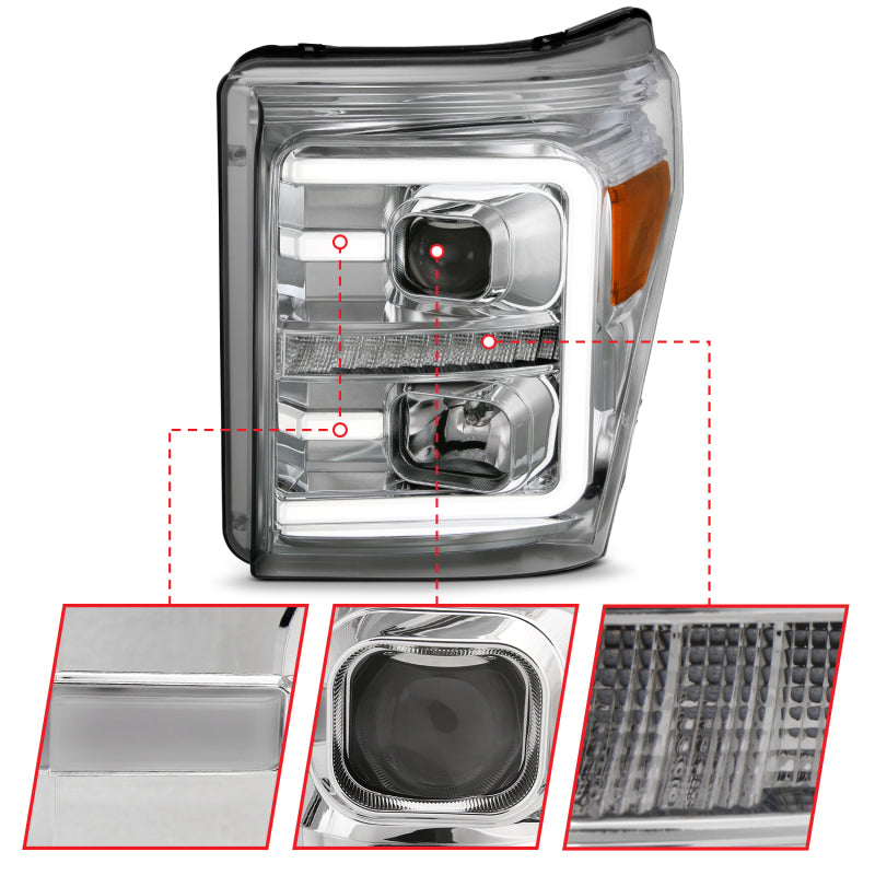 ANZO 11-16 Ford F-250/F-350/F-450 Projector Headlights w/ Plank Style Switchback Chrome w/Amber - Striker Modified