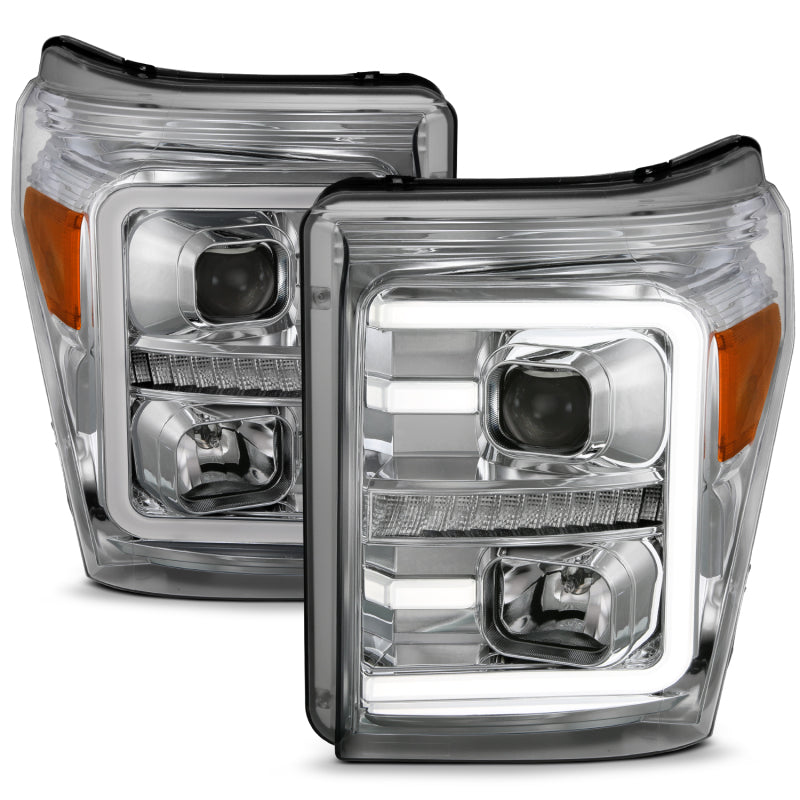 ANZO 11-16 Ford F-250/F-350/F-450 Projector Headlights w/ Plank Style Switchback Chrome w/Amber - Striker Modified