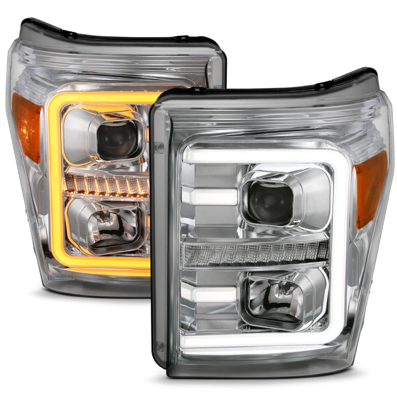 ANZO 11-16 Ford F-250/F-350/F-450 Projector Headlights w/ Plank Style Switchback Chrome w/Amber - Striker Modified