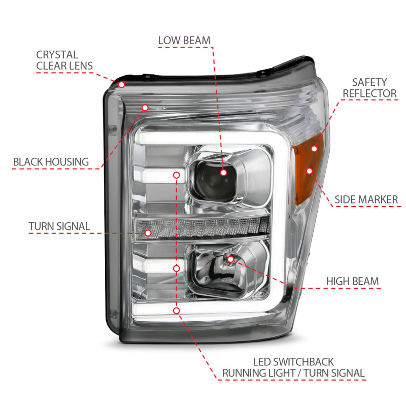 ANZO 11-16 Ford F-250/F-350/F-450 Projector Headlights w/ Plank Style Switchback Chrome w/Amber - Striker Modified