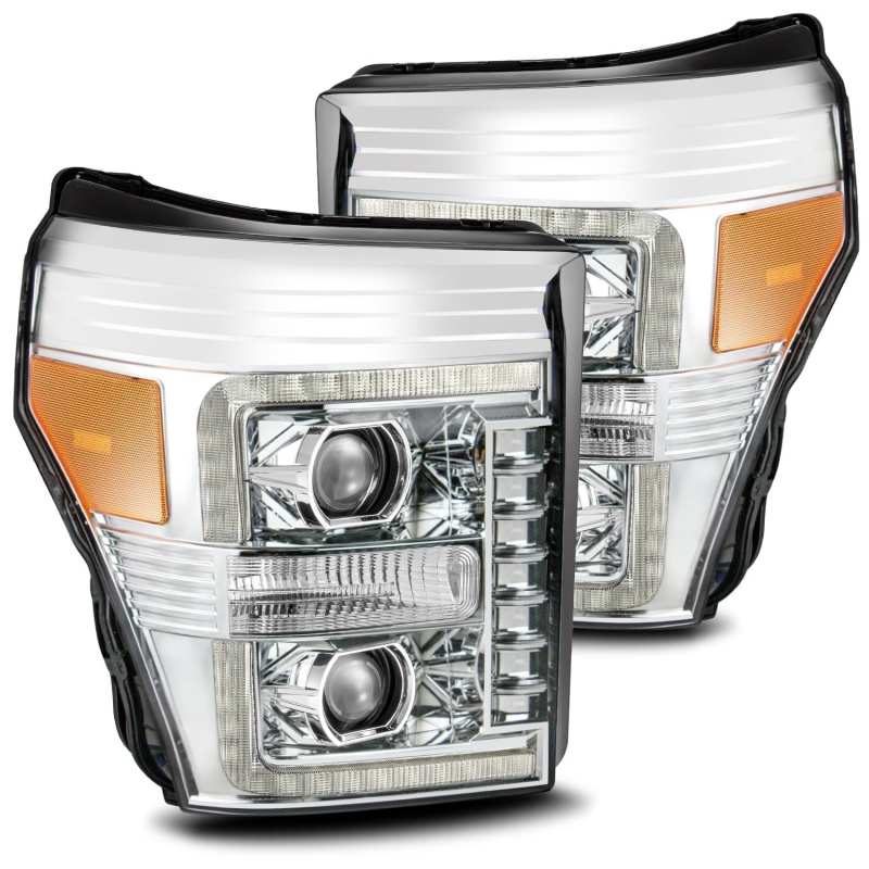 AlphaRex 11-16 Ford F-250 SD PRO-Series Projector Headlights Plank Style Design Chrome w/Seq Signal - Striker Modified