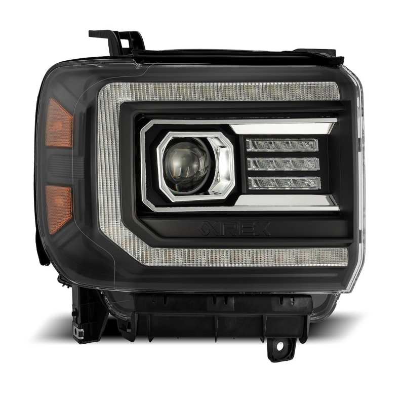AlphaRex 14-18 GMC Sierra LUXX LED Proj Headlights Plank Style Black w/Activ Light/Seq Signal/DRL - Striker Modified