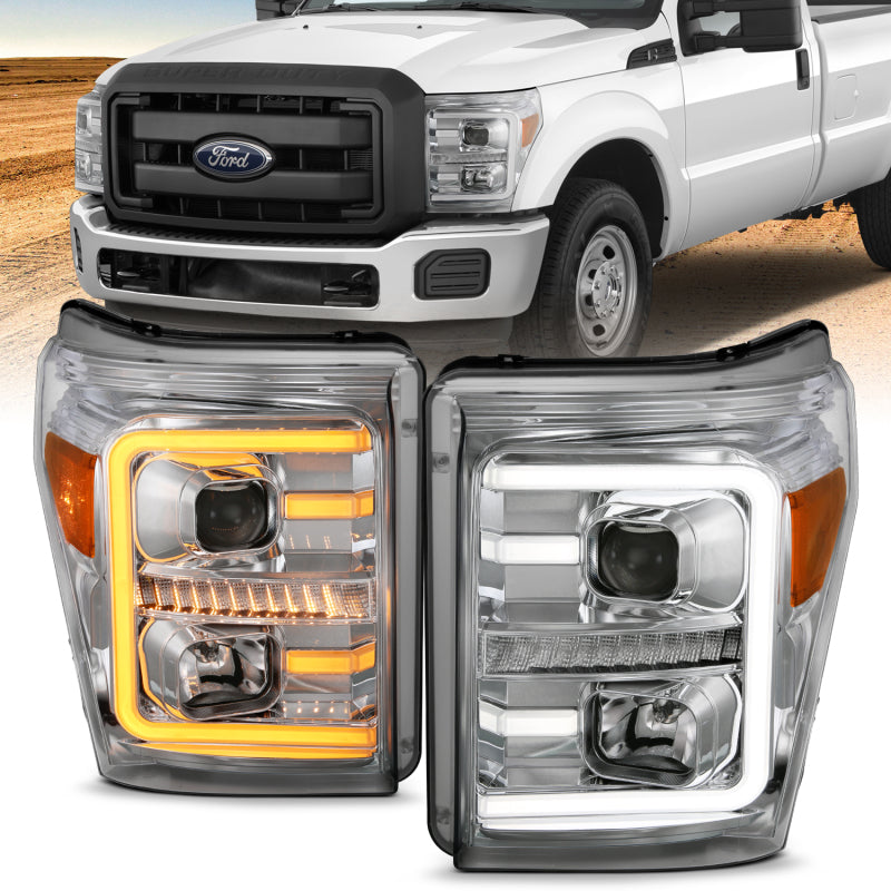 ANZO 11-16 Ford F-250/F-350/F-450 Projector Headlights w/ Plank Style Switchback Chrome w/Amber - Striker Modified
