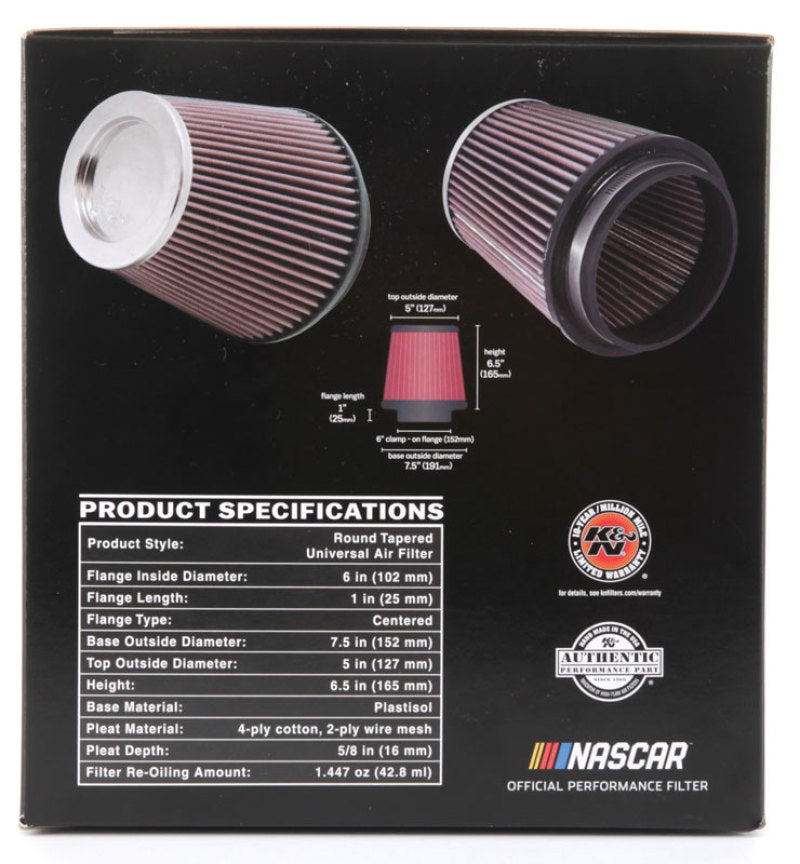 K&N Round Tapered Universal Air Filter 6in Flange ID x 7.5in Base OD x 5in Top OD x 6.5in Height - Striker Modified