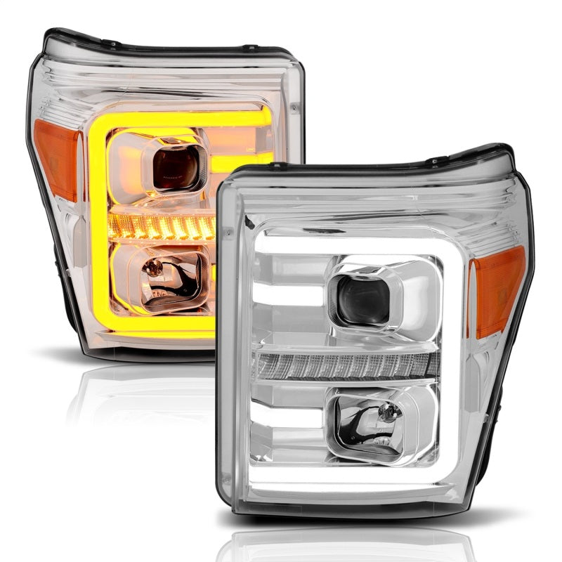 ANZO 11-16 Ford F-250/F-350/F-450 Projector Headlights w/ Plank Style Switchback Chrome w/Amber - Striker Modified
