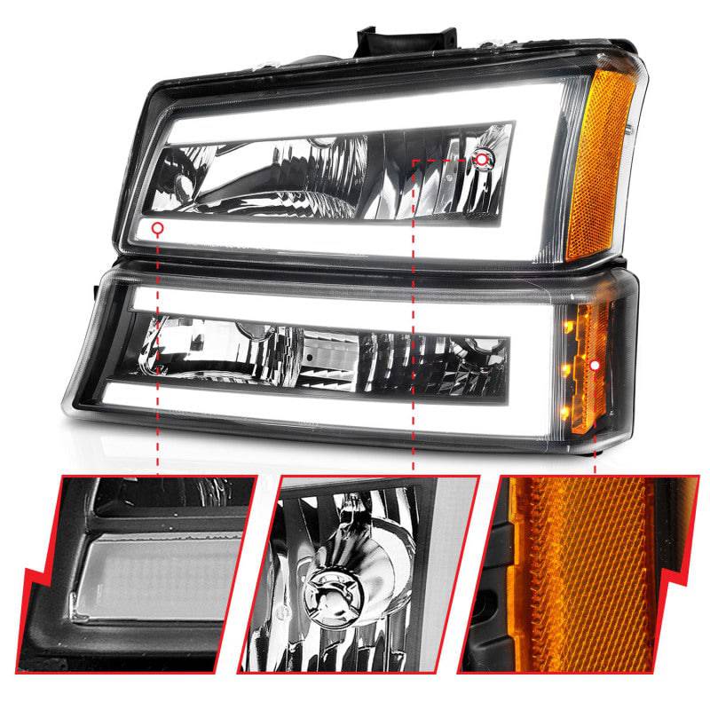 ANZO 2003-2006 Chevrolet Silverado 1500 Crystal Headlights w/ Light Bar Black Housing - Striker Modified