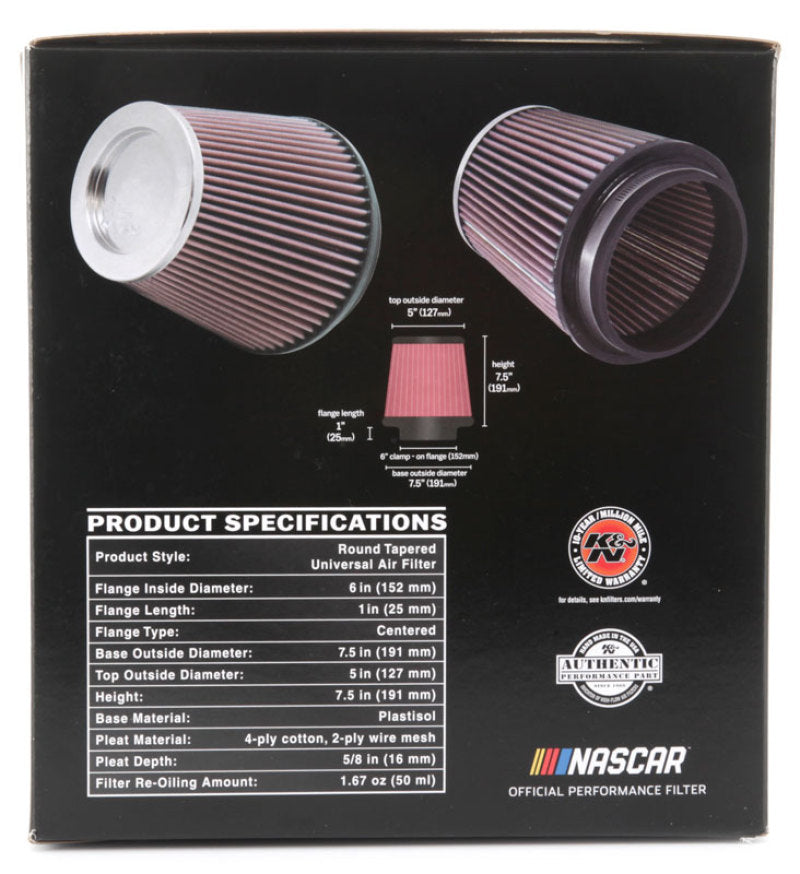 K&N Round Tapered Universal Air Filter 6 inch Flange 7 1/2 inch Base 5 inch Top 7 1/2 inch Height - Striker Modified