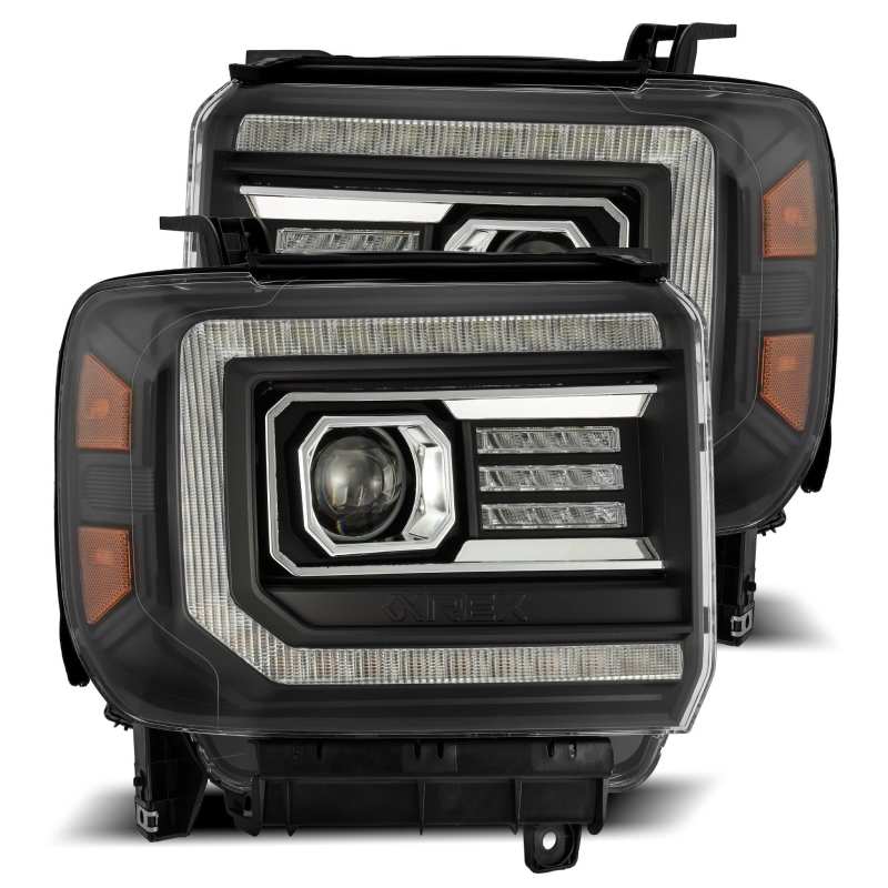AlphaRex 14-18 GMC Sierra LUXX LED Proj Headlights Plank Style Black w/Activ Light/Seq Signal/DRL - Striker Modified
