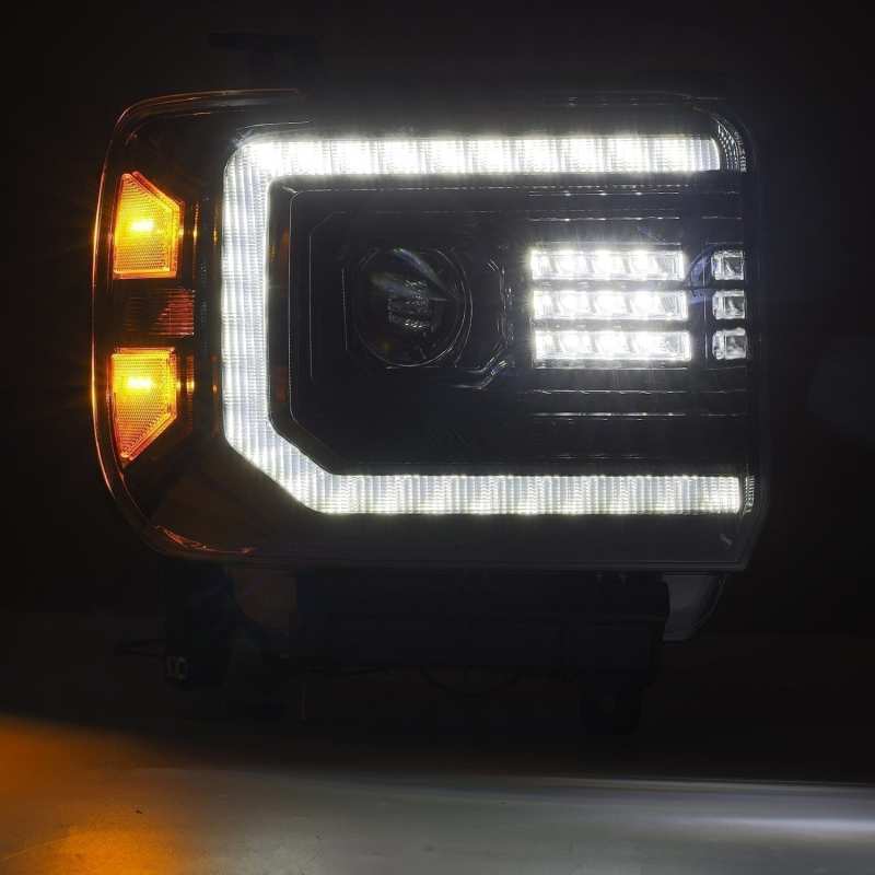 AlphaRex 14-18 GMC Sierra LUXX LED Proj Headlights Plank Style Black w/Activ Light/Seq Signal/DRL - Striker Modified